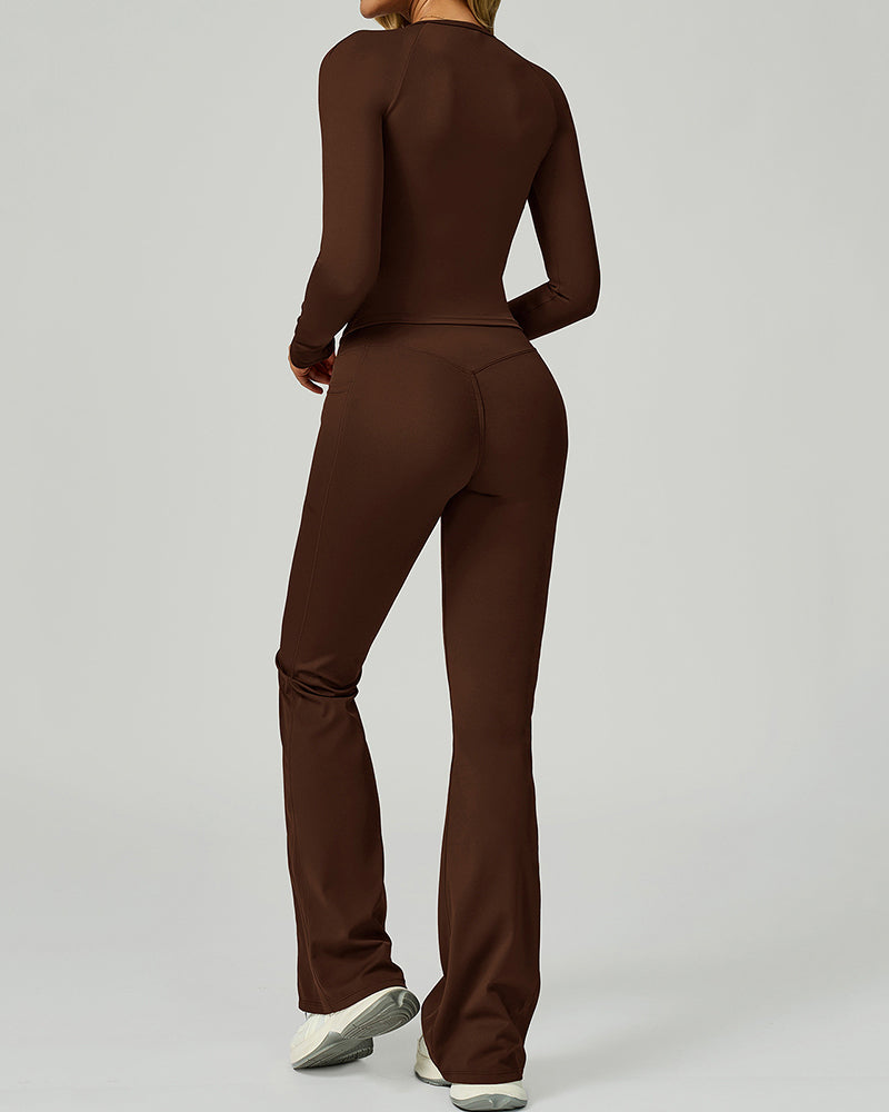 Women GYM Long Sleeve Slim T-shirt Running Wide Leg Pants Yoga Two-piece Sets S-XL