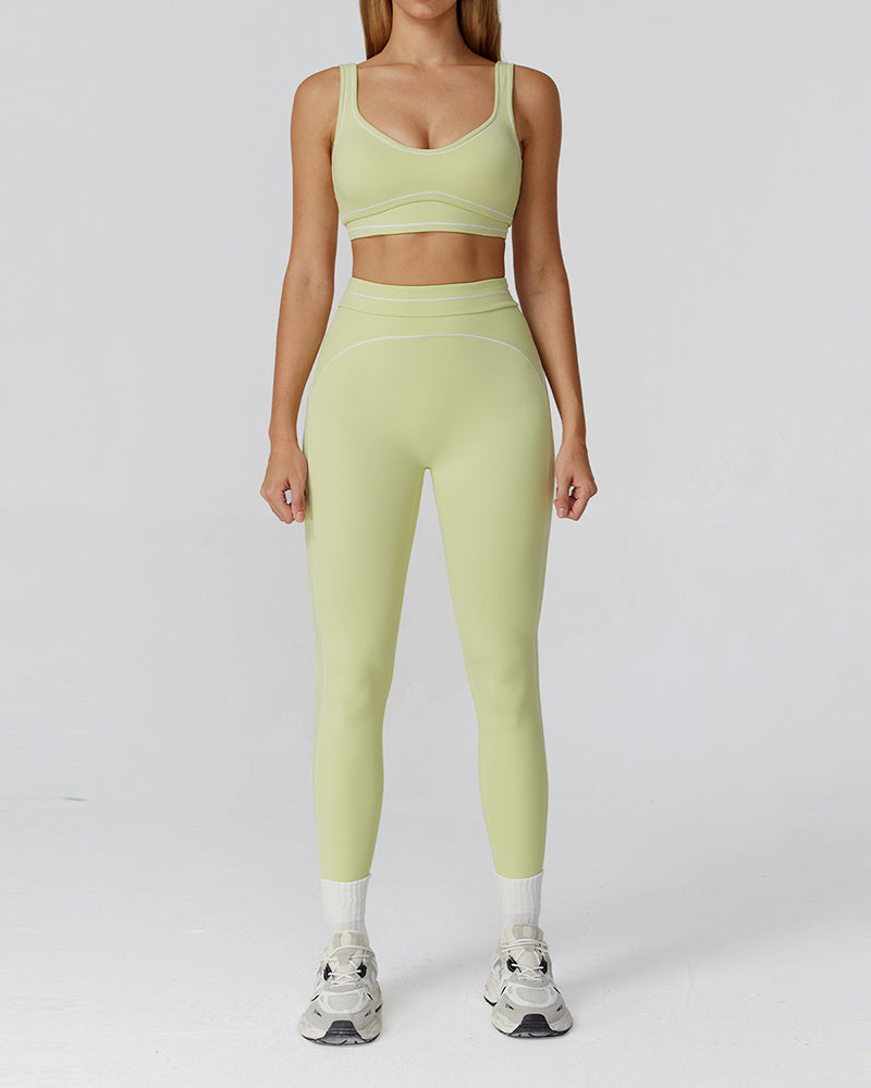 Women Logo Add Colorblock U Neck Bra Sports Leggings Two Piece Sets Black Red Brown Green Blue S-XL
