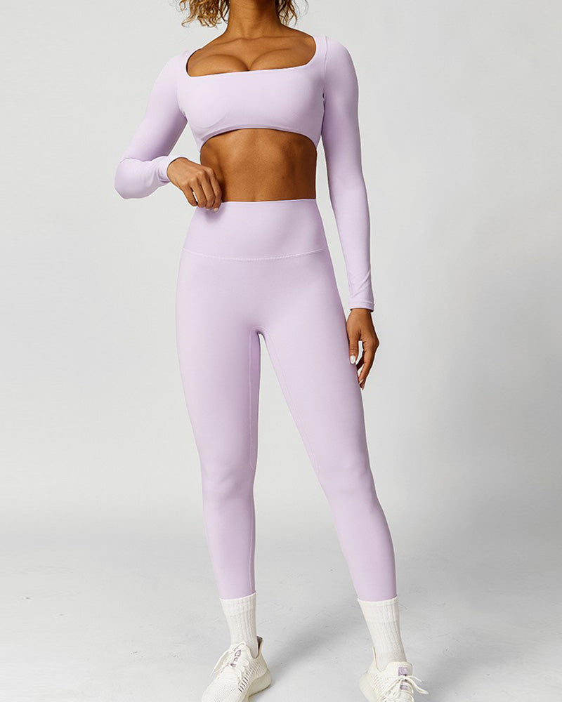 Women Square Neck Long Sleeve Crop Top Fitness Slim Leggings Pants Yoga Two-piece Sets S-L