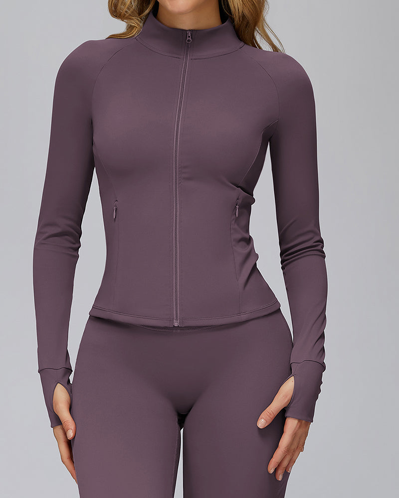 Brushed Long-Sleeved Zipper Pocket Quick-Drying Tights Outdoor Sports Running Jacket S-XL