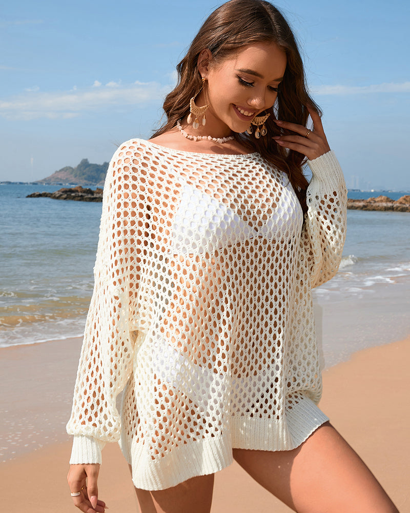 Summer Knitted Sweater Solid Color Loose Round Neck Hollow Bikini Beach Cover-Up