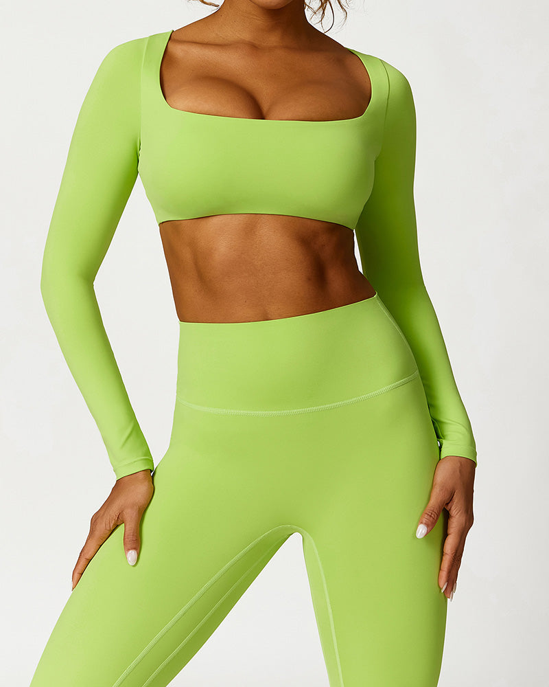 Women Square Neck Long Sleeve Crop Top Fitness Slim Leggings Pants Yoga Two-piece Sets S-L