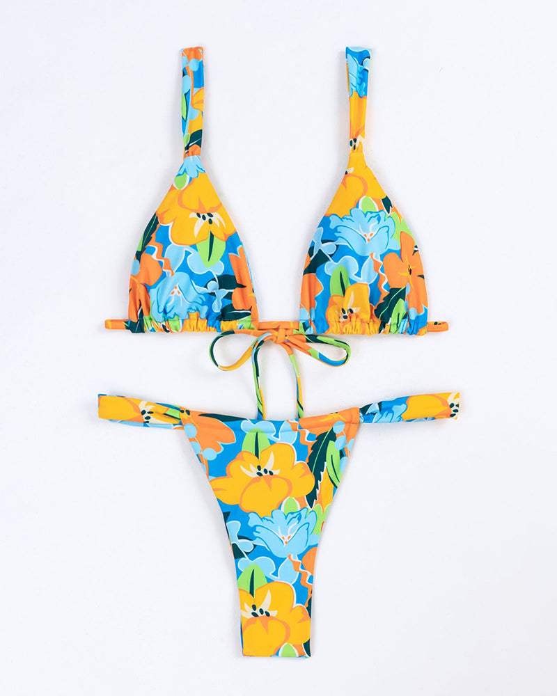 Florals Printed Bikini Strap Ruched V Neck Two-piece Swimsuit Brown Orange S-XL