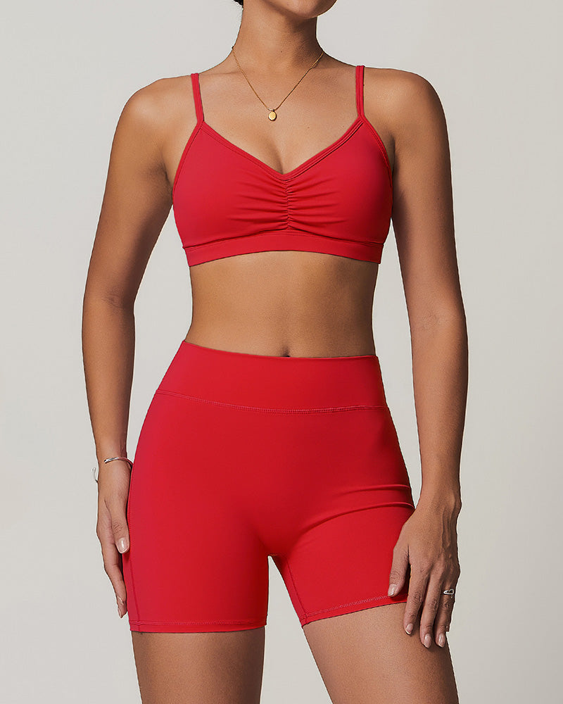 Wholesale OEM Running Sling Ruched Bra Yoga Two-piece Shorts Sets S-XL