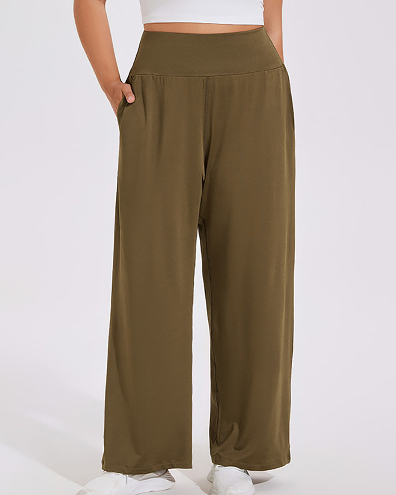 High Waist Loose Wide Leg Sports Plus Size Pants Green Khaki Black XL-4XL