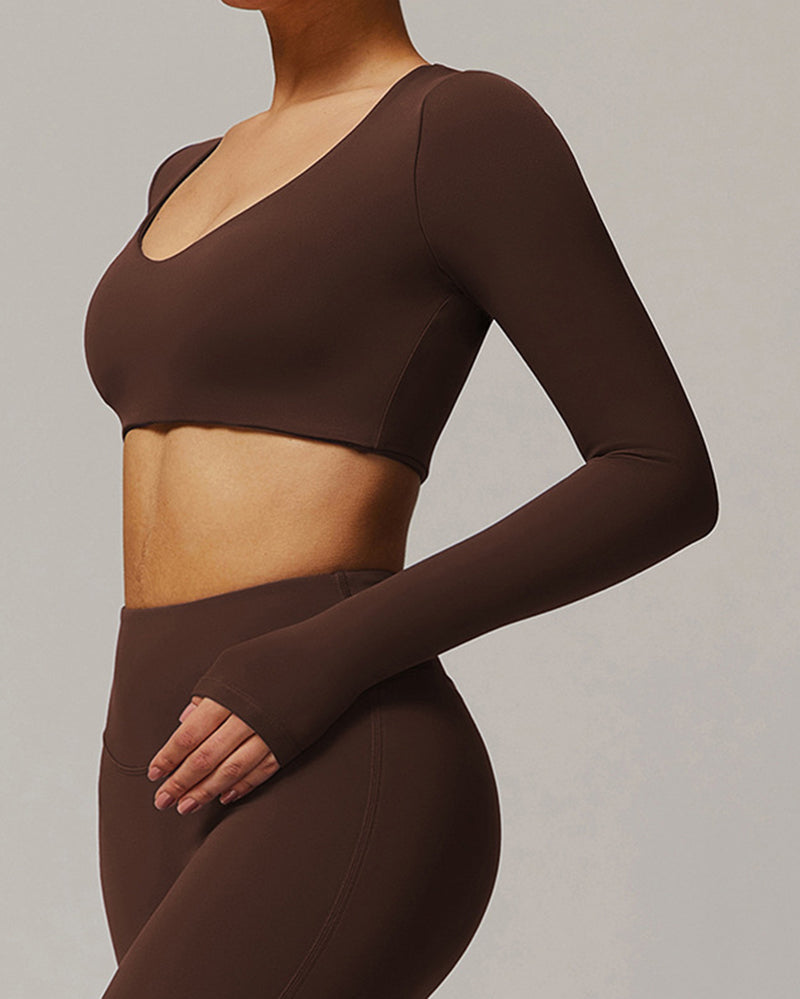 Quickly Dry Yoga Long Sleeve V Neck Running Sports Work Out Crop Top S-XL