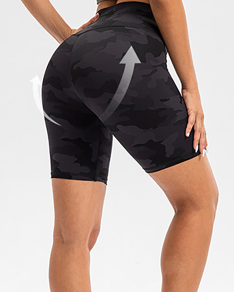 Camo Printed High Waist Peach Hip Sports Shorts S-2XL