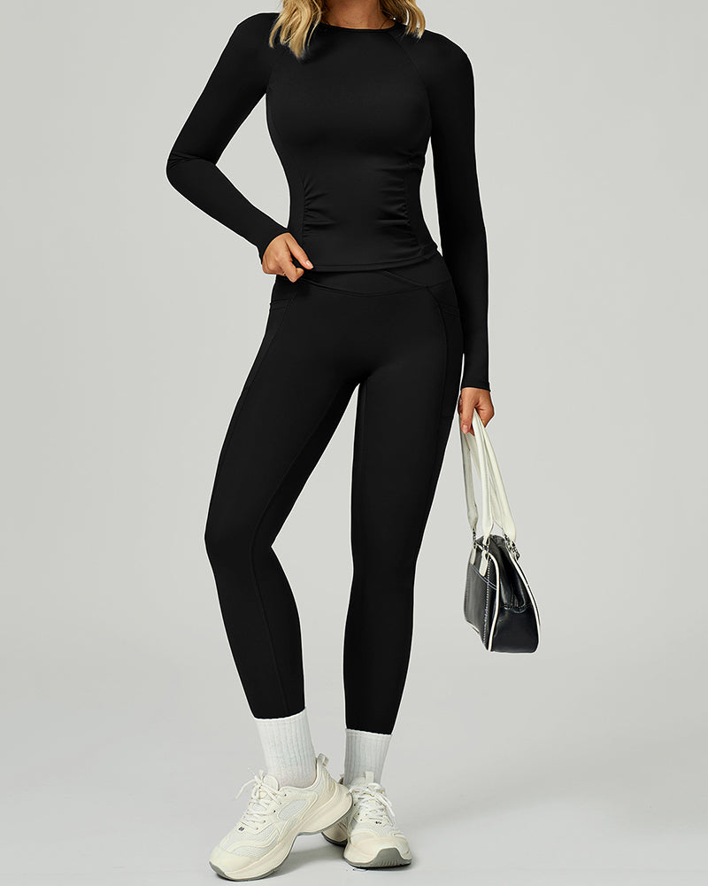 Women Add Logo Long Sleeve GYM Slim T-shirt High Waist Leggings Yoga Two-piece Sets S-XL