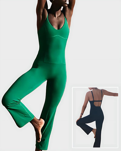 Women Sports Strap V Neck Backless High Waist Slim Wide Leg Yoga Jumpsuit S-L