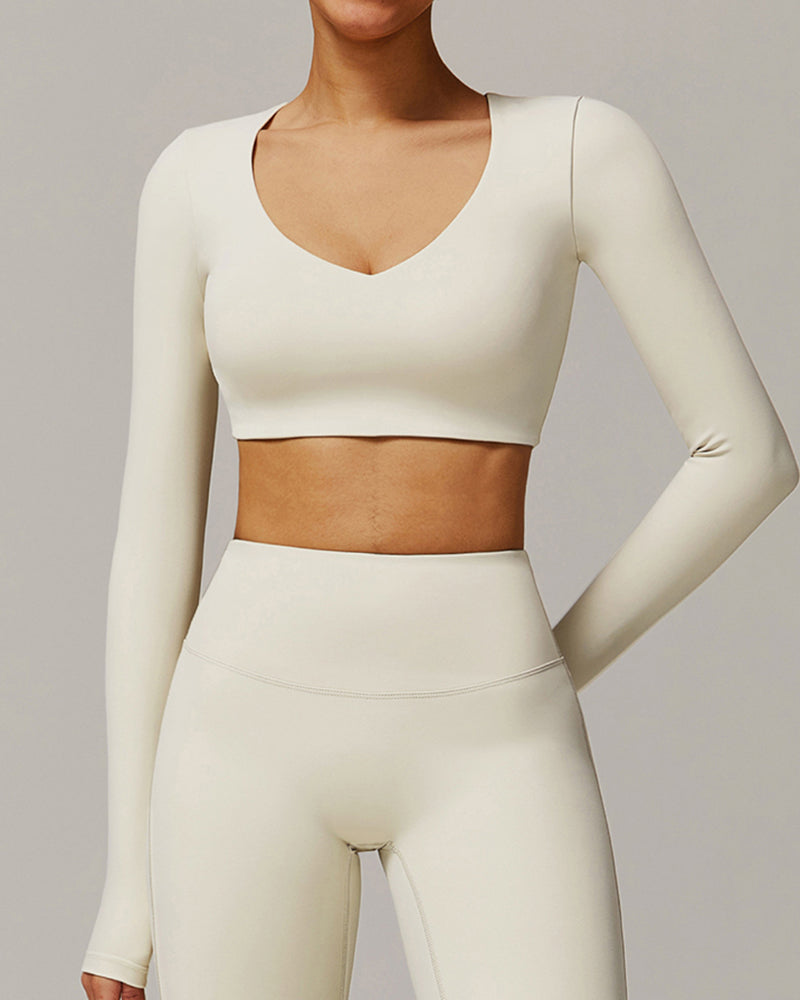 Quickly Dry Yoga Long Sleeve V Neck Running Sports Work Out Crop Top S-XL
