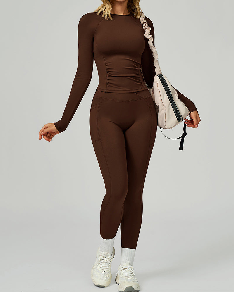 Women Add Logo Long Sleeve GYM Slim T-shirt High Waist Leggings Yoga Two-piece Sets S-XL