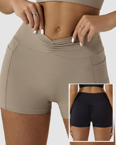 Women V Waists Pocket Sports Ruched Running Shorts S-XL