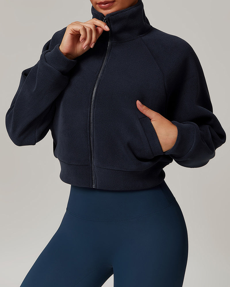 Women Long Sleeve Stand Collar Fitness Sports Warm Fleece Jacket Coat S-XL