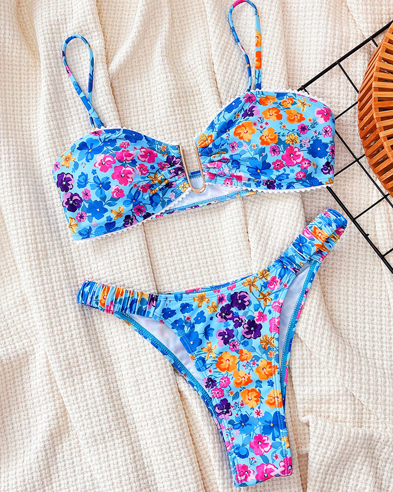 Blue Floral Printed Women Bikini Set S-L