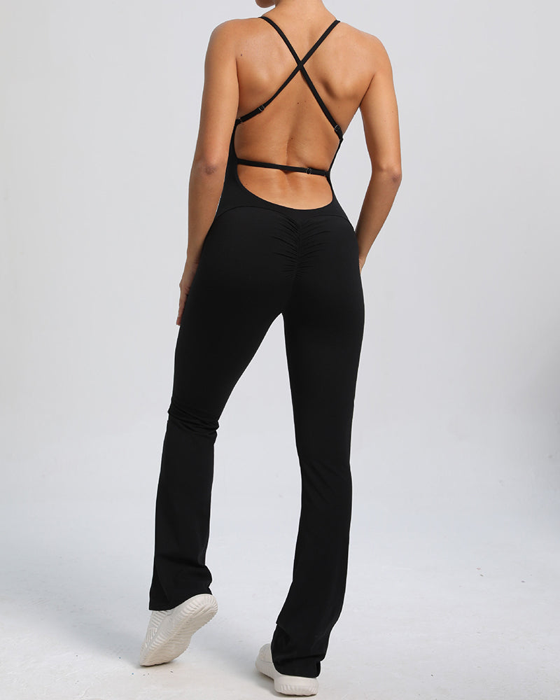 Add Logo OEM Women Sling Criss Cross Back Fitness Yoga Jumpsuit S-L