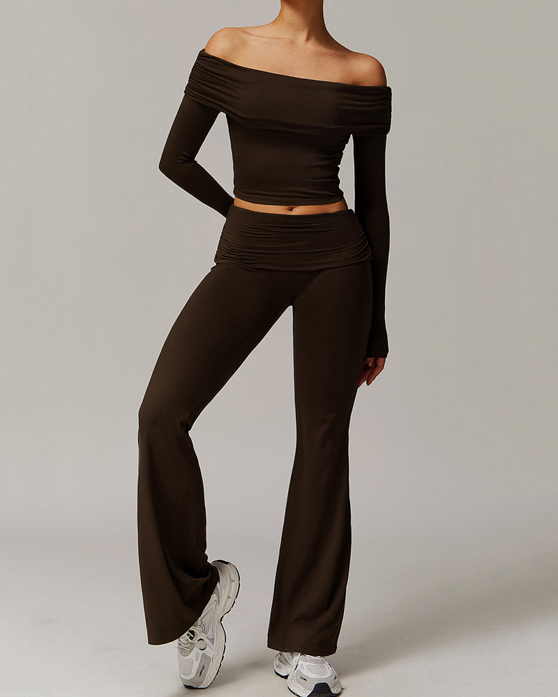 OEM Women Long Sleeve Off Shouder T-shirts Fold Waist Wide Leg Pants Sports Yoga Two-piece Sets S-XL