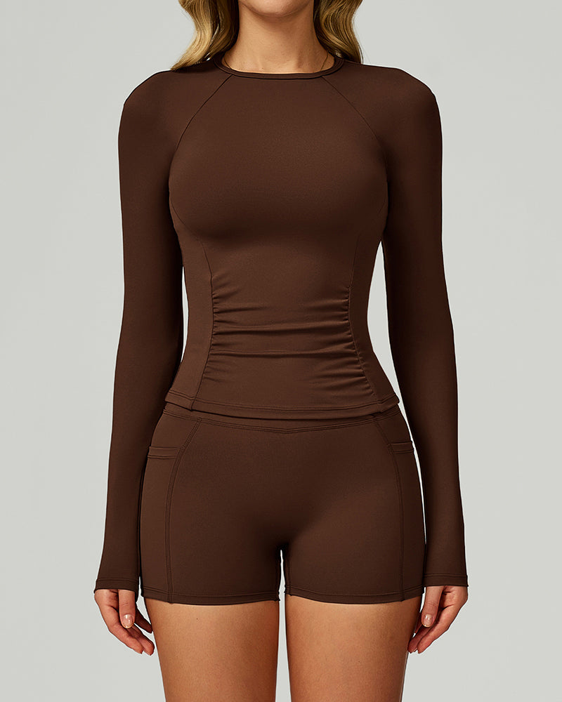 Woman OEM Long Sleeve Slim GYM T-shirt Side Pocket Shorts Yoga Two-piece Sets S-XL