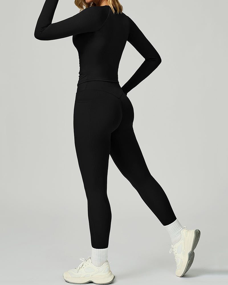 Women Add Logo Long Sleeve GYM Slim T-shirt High Waist Leggings Yoga Two-piece Sets S-XL