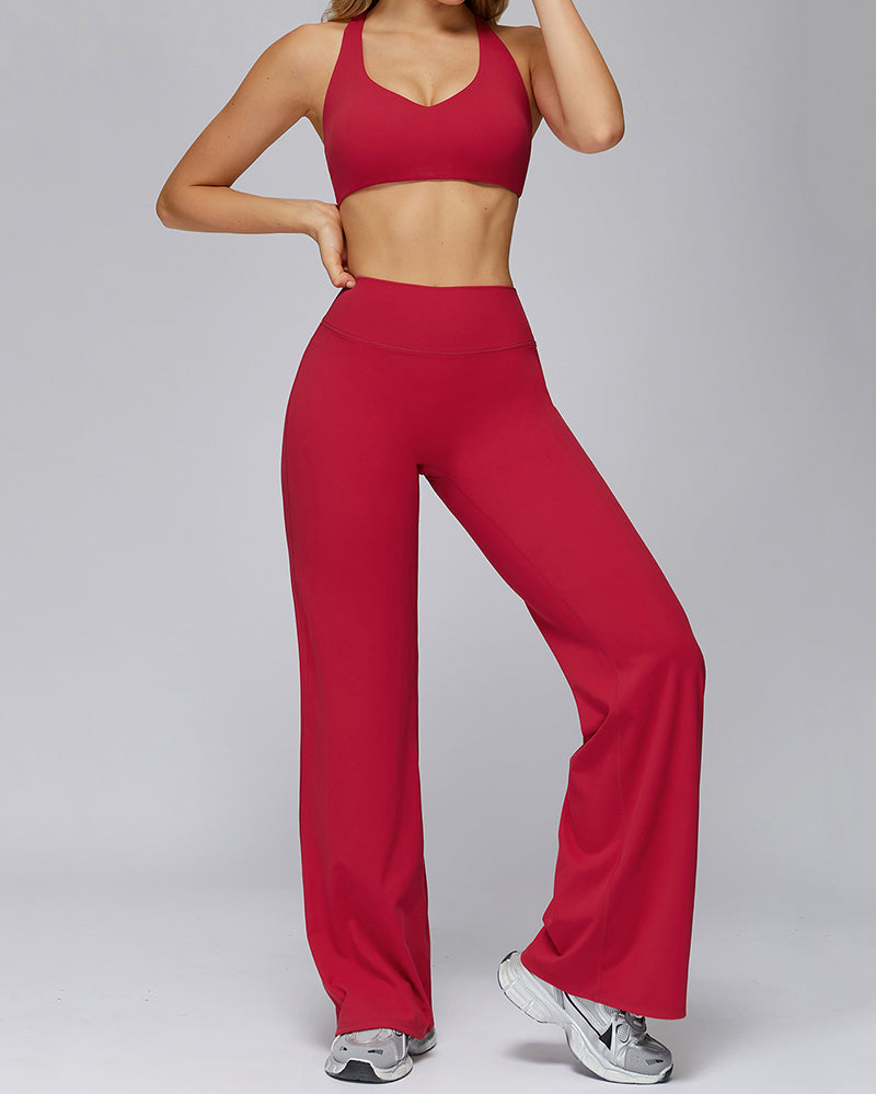 Women V-Neck Bra High Waist Wide Leg Pants Yoga Two-piece Sets S-XL