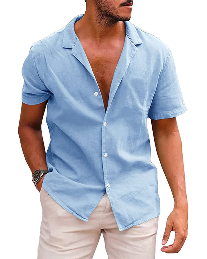 Summer Lapel Solid Color Short Sleeve Button Men&