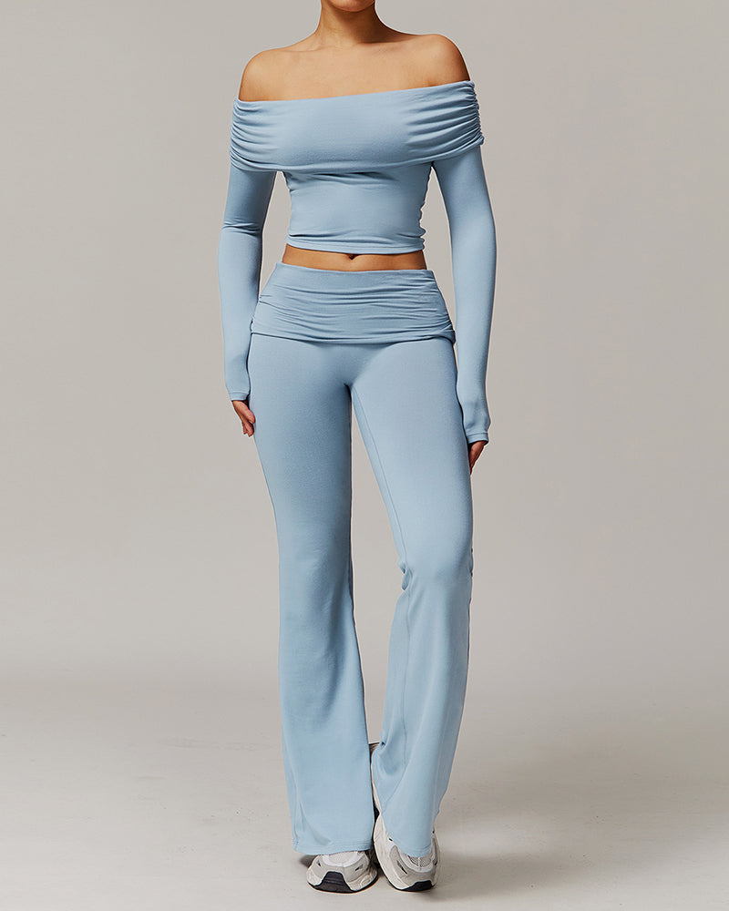 OEM Women Long Sleeve Off Shouder T-shirts Fold Waist Wide Leg Pants Sports Yoga Two-piece Sets S-XL
