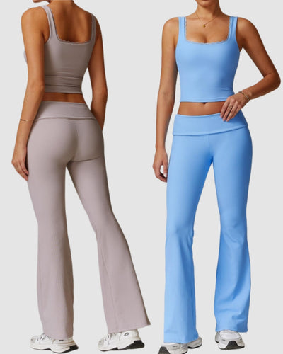 Women Lace Square Neck Vest Fold Waist Flare Pants Yoga Two-piece Pants Set S-XL