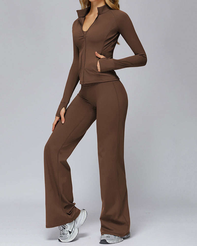 Women Long Sleeve Coat Wide Leg Pants Yoga Two-piece Sets S-XL