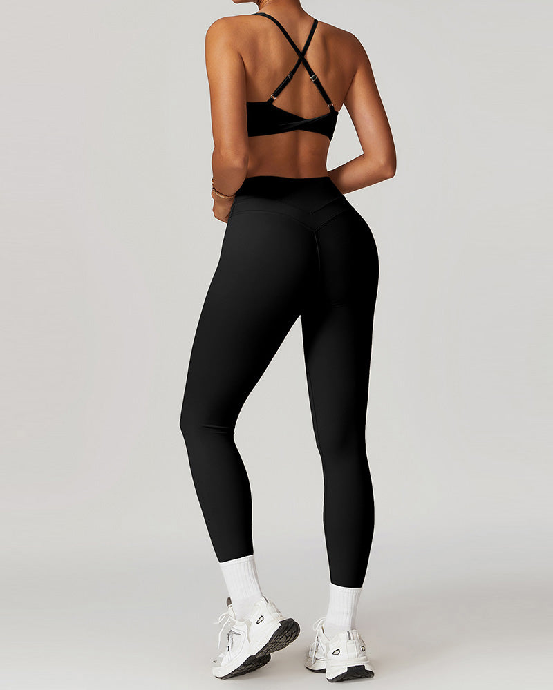 Women OEM V Neck Criss Cross Sports Bra High Waist Leggings Pants Running Sets S-XL