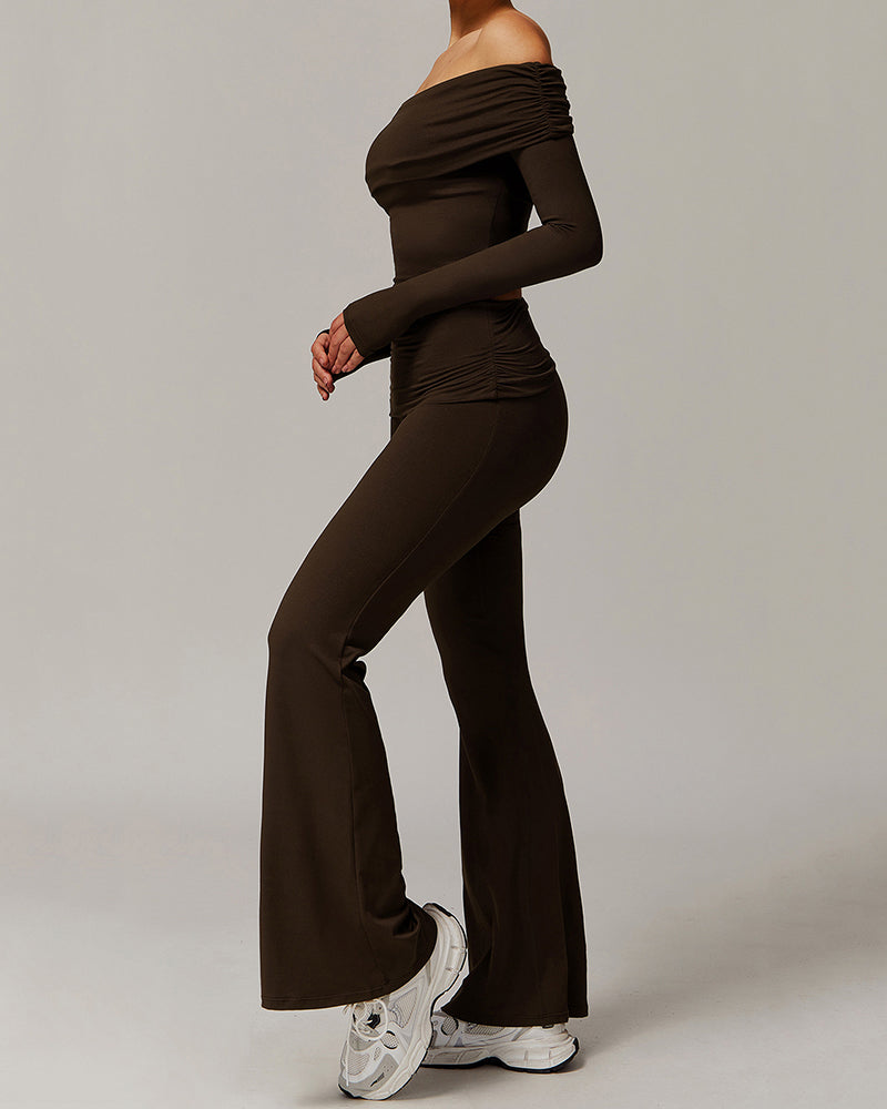OEM Women Long Sleeve Off Shouder T-shirts Fold Waist Wide Leg Pants Sports Yoga Two-piece Sets S-XL
