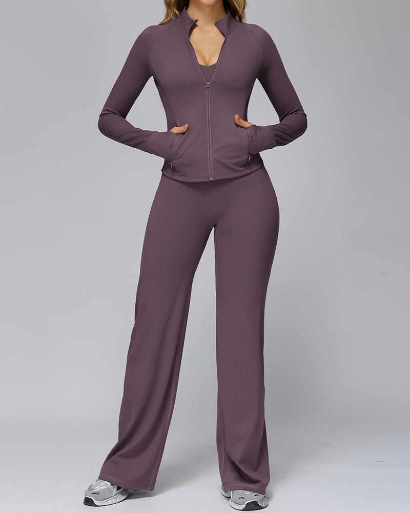Women Long Sleeve Coat Wide Leg Pants Yoga Two-piece Sets S-XL