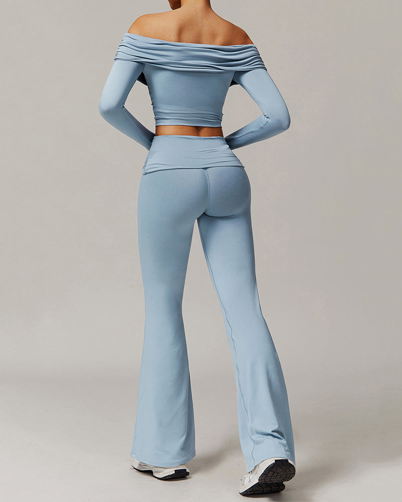 OEM Women Long Sleeve Off Shouder T-shirts Fold Waist Wide Leg Pants Sports Yoga Two-piece Sets S-XL