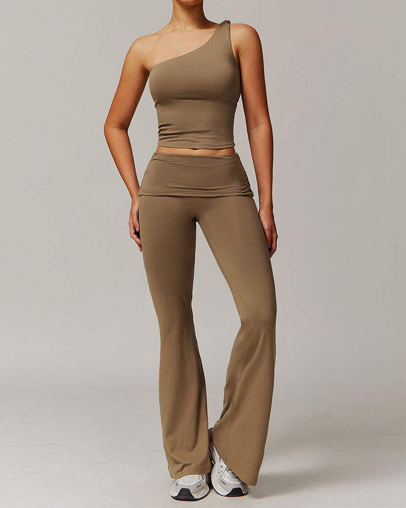 Women OEM Customize LOGO Slash Neck Vest Fold Waist Wide Leg Pants Sports Two Piece Sets S-XL