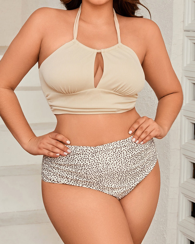 New Women Halter Neck Hollow Out High Waist Sexy Bikinis Plus Size Swimsuit Beige XL-3XL
