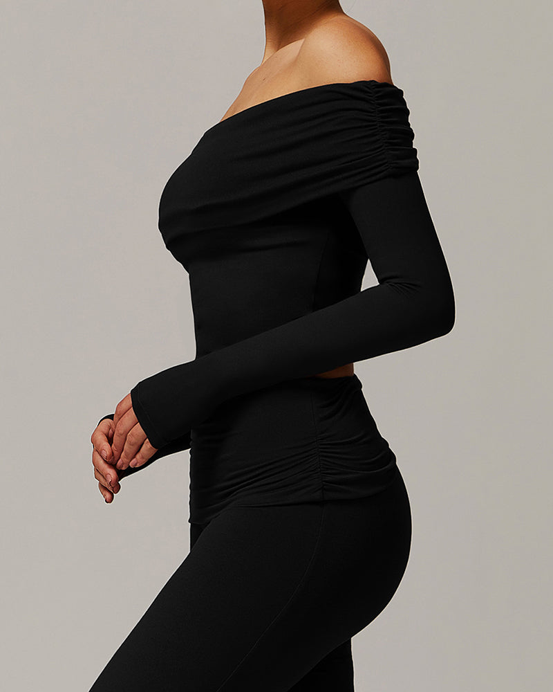 OEM Customized Women Long Sleeve Yoga Fold Off Shoulder Fitness Outdoor Wear Sports Running Top S-XL