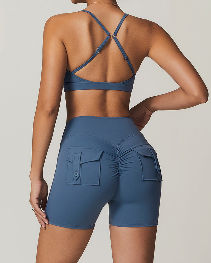 Wholesale OEM Running Sling Ruched Bra Yoga Two-piece Shorts Sets S-XL