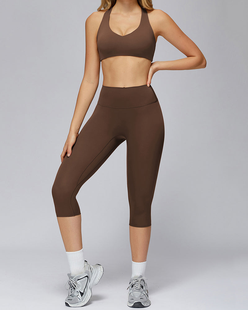 Women V-Neck Bra Capri Leggings Yoga GYM Two-piece Sets S-XL