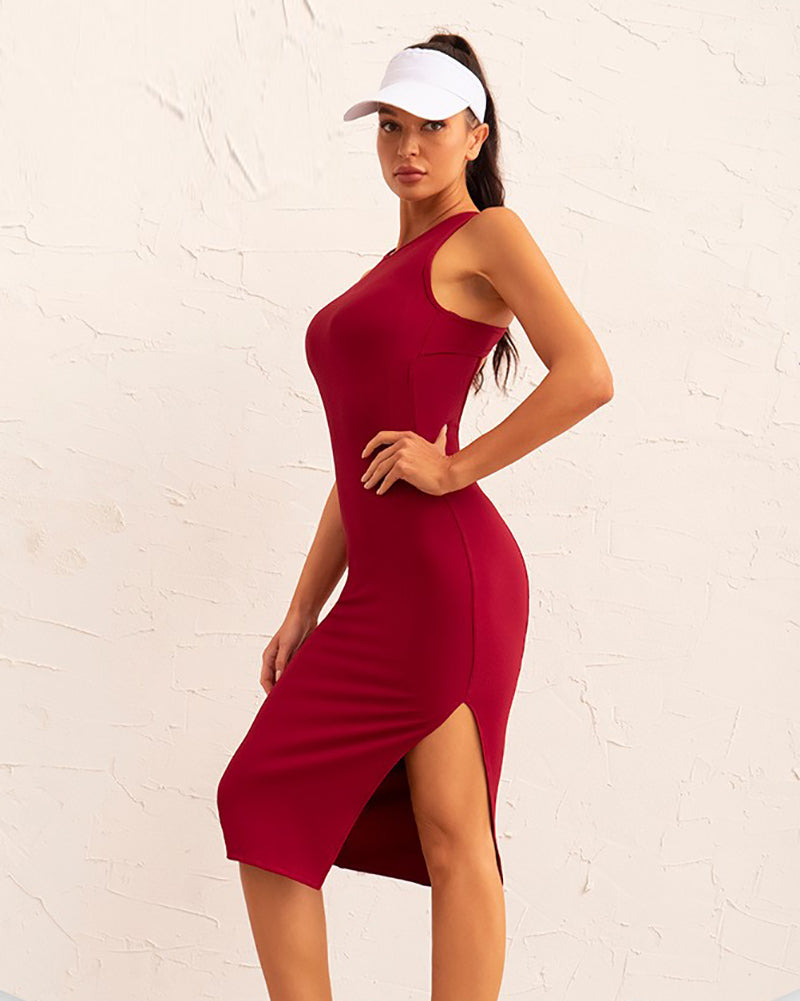 Women Slim Side Slit Sleeveless Hollow Out Fitness Dress S-L