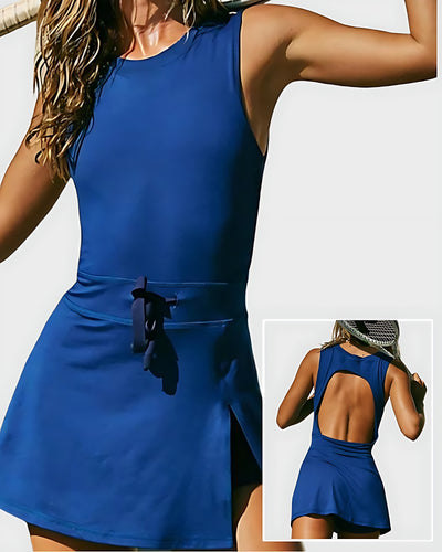 Popular Fashion Women Backless Tie Waist Side Slit Lined Tennis Dress S-L