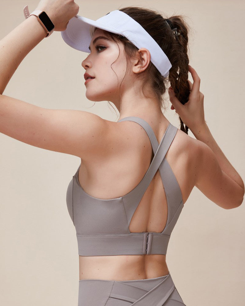 Women V Neck Fixed Cup Running Nude Feeling Sports Bra S-XL