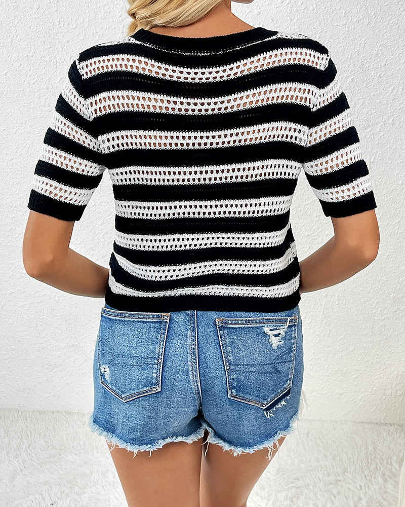 Round Neck Pullover Striped Fashionable Short-Sleeved Patchwork Women&