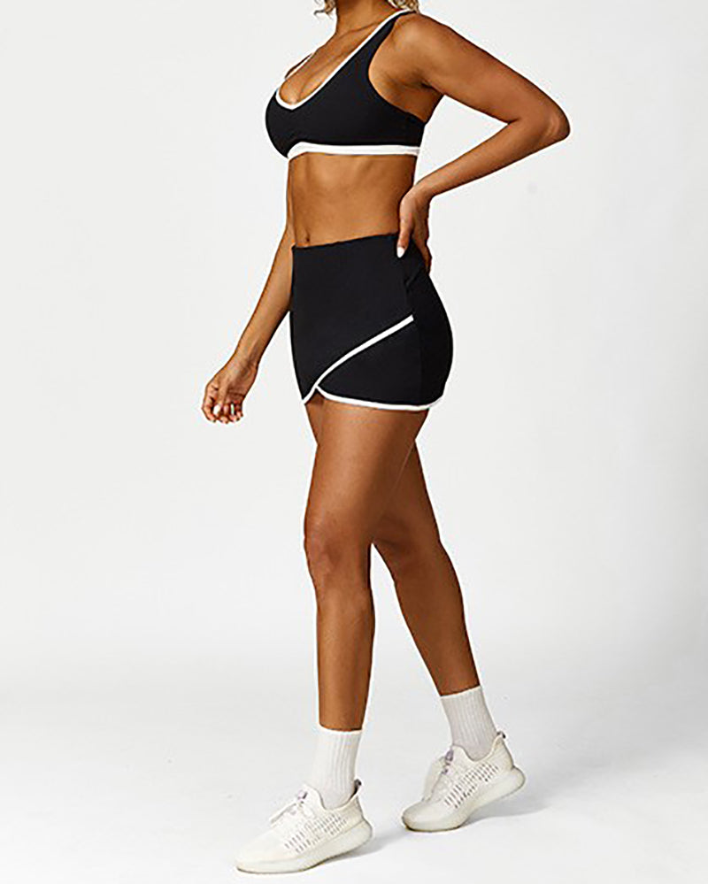 Colorblock Criss Cross Sports Bra Tennis Skirts Yoga Two-piece Sets S-L