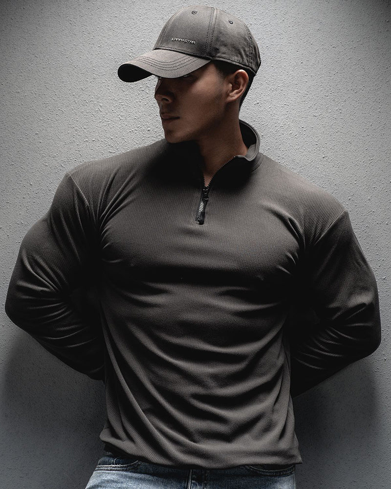 Long Sleeve Zipper Stand Collar Good Elestic Solid Color T-shirt M-3XL