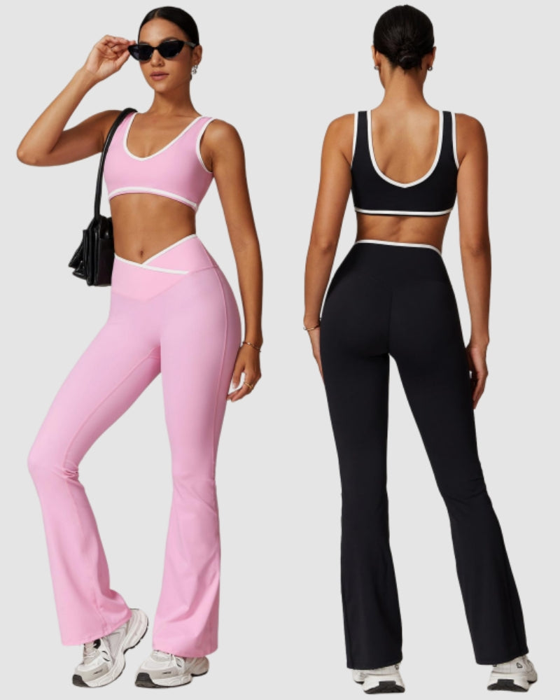 Women Colorblock Sports Bra Running Criss Waist Flare Pants Yoga Two-piece Pants Sets S-XL