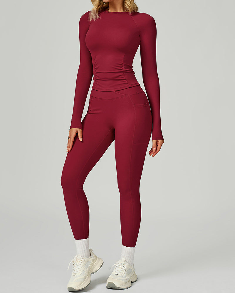 Women Add Logo Long Sleeve GYM Slim T-shirt High Waist Leggings Yoga Two-piece Sets S-XL