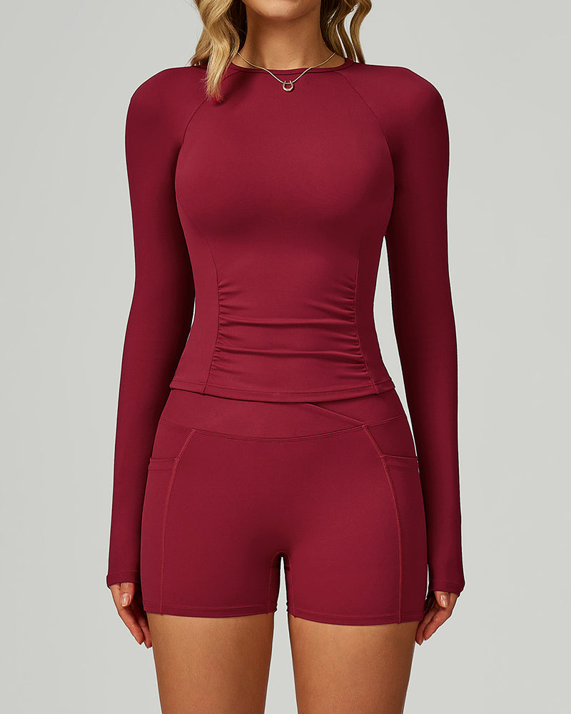 Woman OEM Long Sleeve Slim GYM T-shirt Side Pocket Shorts Yoga Two-piece Sets S-XL