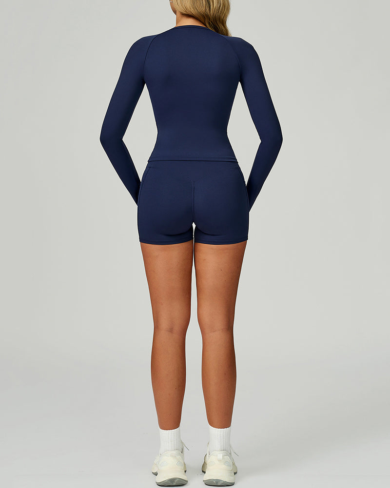 Woman OEM Long Sleeve Slim GYM T-shirt Side Pocket Shorts Yoga Two-piece Sets S-XL