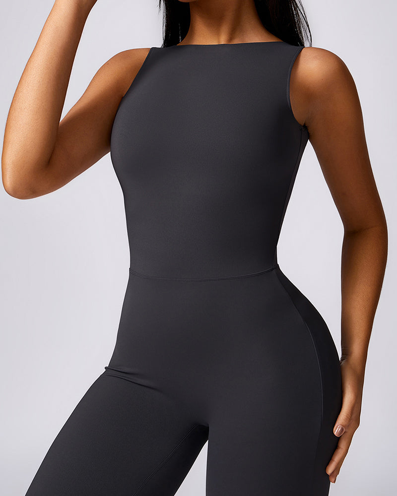 Women Hips Lift Wide Leg Fitness Back Yoga Jumpsuit Black Gray Purple Brown S-XL