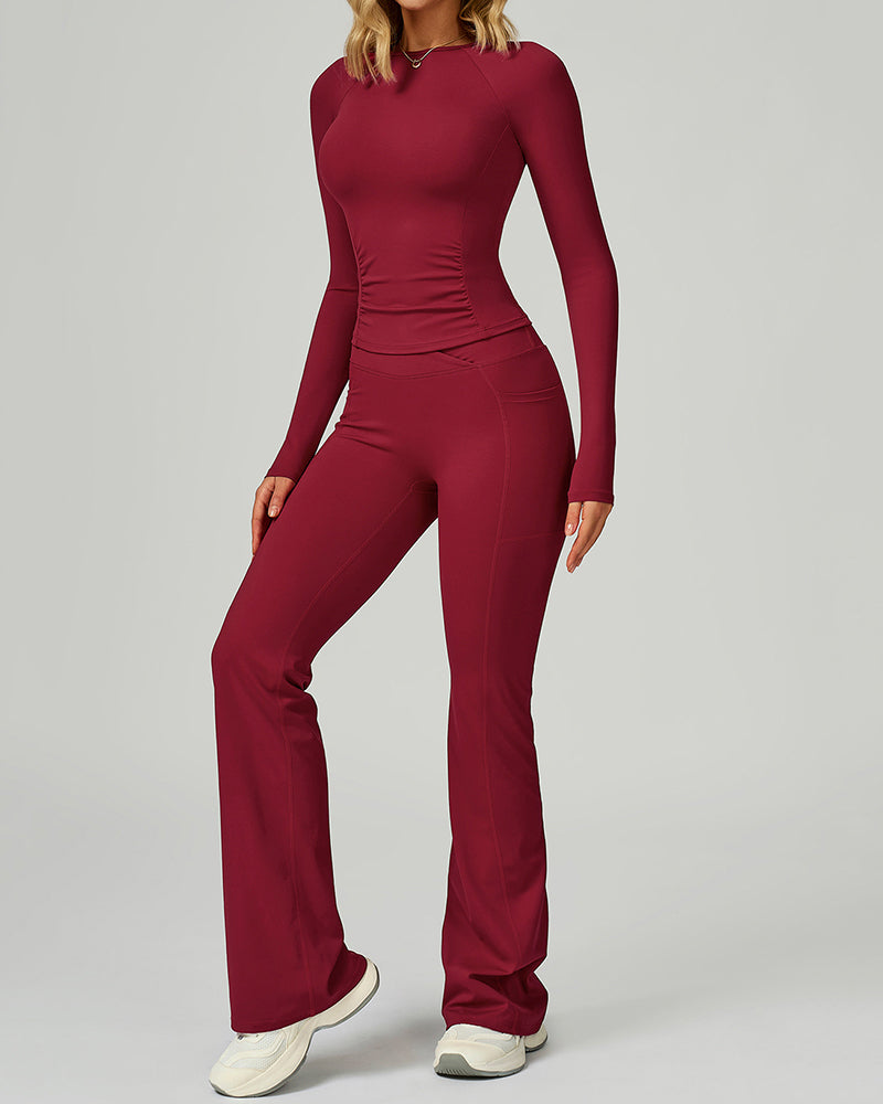 Women GYM Long Sleeve Slim T-shirt Running Wide Leg Pants Yoga Two-piece Sets S-XL