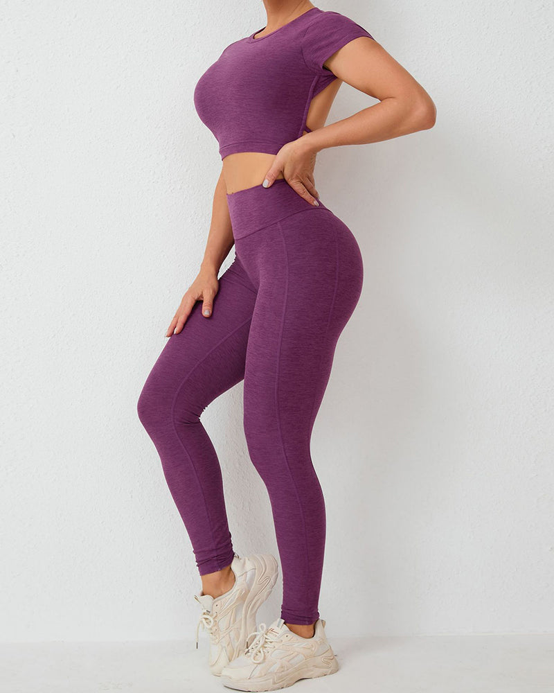 Backless Short Sleeve Crop Top High Waist Hips Lift Pants GYM Workouts Orange Gray Black Pink Purple S-L