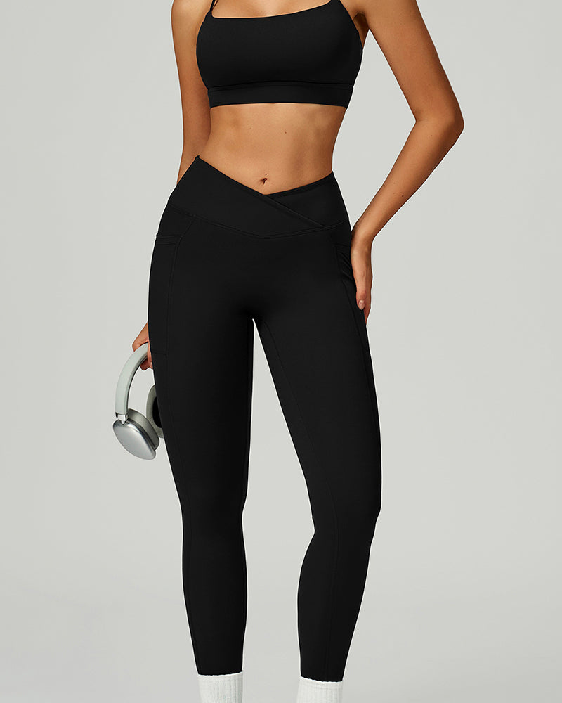 OEM Manufacturer High Waist Criss Front Side Pocket Fitness Running Leggings S-XL